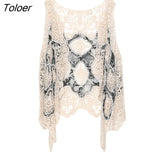 Hippie Froral Patch Design Vest Retro Vintage Crochet Summer Beach Cover Up Top Asymmetric Open Stitch Kimono