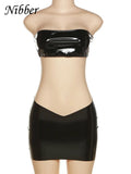 Artificial Leather Two Piece Set Women Sexy Sleeveless Wrapped Chest Tops+Skinny Pag Hip Tight Skirt Midnight Party Suits-Outfit