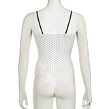 Polka Dot Crop Top Sexy Buttons Contrast Lace Patchwork V-neck Camisole Coquette Casual Basic Tank Tops All-match-Outfit