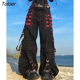 Gothic Chain Bandage Wide Leg Pants Women Oversize Low Rise Dark Academic Trousers Streetwear 90s Baggy Pant Punk
