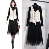 Women Elegant Casual Suit 2022 Autumn Fashion Black knitting Mesh Dress + Plaid Vest Top Female 2 Piece
