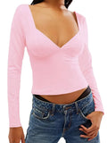 Sexy Deep V-neck Slim Fit Solid T-shirts Tops for Women Long Sleeve Spring Fall Side Split Backless Tees Shirts 2023-Outfit