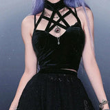 Black Lace Trim Emo Alternative Aesthetic Crop Tops Y2K Mall Goth Crop Tops Women Backless Sexy Strap Tanks gothic tops-Outfit