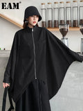 Black Drawstring Big Size Irregular Jacket New Stand Collar Batwing Sleeve Women Coat Fashion Spring Autumn 2023