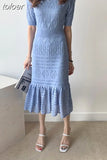 Chic Korean Temperament Slim Sexy Hollow Out Dresses O Neck Short Sleeve Wrap Hip Knitted Dress White Lady Summer