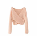 Aproms Pink Fluffy Knitted Sweater Women Autumn Winter V-neck Wrap Front Basic Cropped Pullovers Fashion Outerwear Jumper