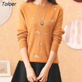 Women Fashion Floral Embroidery O Neck Pullover Knitted Jumper Sweater Knitted Sweater Pullover Knitted Casual