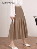 Vintage Patchwork Midi Skirt For Women High Waist Loose Ruched Solid Long Skirts Female Summer Clothing Style
