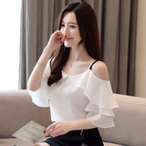 Summer Tops White Blouse Women Blusas Mujer De Moda 2021 Verano Off Shoulder Top Short Sleeve Chiffon Blouse Shirt