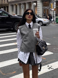 Women's College Style V-Neck Folded Loose Sleeveless Knitted Vest