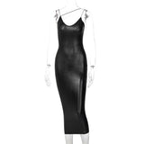 Cut V-Neck Bodycon Dress for Women Party Elegant Sexy Outfits Pu Leather Autumn Winter Sleeveless Maxi Dresses Fashion
