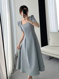 Square Collar Casual French Midi Dress for Women Elegant Party Ladies Pleated A-Line Femme Fashion Bodycon Dress