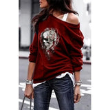 Yskkt Women's Pullover Sweatshirt Heart Printed Long Sleeve One Shoulder Tops Autumn Winter Sweat Shirts Woman Casual