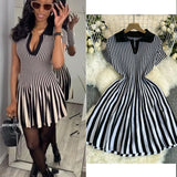 Retro-Necked Short-Sleeved Striped Knitted Dress Female Waist Temperament Thin A-Word