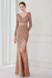 Winter Elegant Deep V Neck Long Sleeve Slit Cocktail Eevening