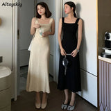 Dress Women All-match Knitting Vestido Vintage Spring Slim Daily Square Collar Solid Simple Clothing Spaghetti