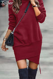 Women Sweatshirt Dress 2023 Winter Autumn Long Sleeve Turtleneck Split Party Dress Women Casual Pullover Solid Warm Mini