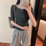 Solid Color Word Shoulder Slim Shows The Thin Bottom Shirt The Girl Autumn New Design Sense Middle Sleeve T-Shirt Hot Girl Blouse-Outfit