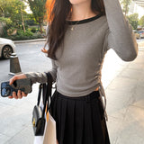 The Color Mousse Cashmere Draped Rope Pleated Long-Sleeved T-Shirt Women's Autumn And Winter New Short Style Underwear-Outfit