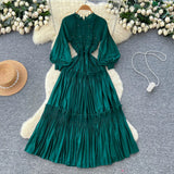 Retro Court Style Heavyweight Embroidered Long Hundred Folds Bubble Bubble Sleeve Dress Female 100