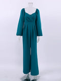 Elegant Women Office Rompers Lantern Sleeve Pleated Wide Legs Jumpsuit Fall Winter 2022 One-Piece Ladies Office