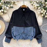 Dress Korean Fashion Design With Bow Denim Spliced Long-Sleeved Shirt Women Loose Shirt