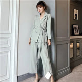 Winter Women Pants Suit Lace Up Notched Blazer Jacket Wide Leg Pants Office Female