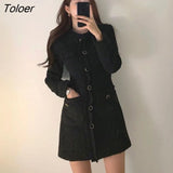 Beige Tweed Dress Woman Single Breasted Elegant Party Mini Dresses Female Autumn Winter Wool Blend Dress Vestidos