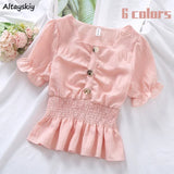 Women Candy Colors Ulzzang Kawaii Fashion Ins Preppy Clothing Summer Sweet Lovely Girls Slim 2021 Shirring Square