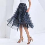 Plaid Patchwork Mesh Skirt For Women High Waist Vintage Elegant Midi Skirts Female 2020 Fall Fashionable New