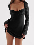 Elegant Women Lace Floral Long Sleeve Patchwork Short Mini Dress Low Cut Push Up High Waist A-line Dress Vestido 2023-Outfit