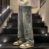 Street Jeans Men's Star Embroidery Design Straight Trousers Chao Brand Ins Loose Wide-Leg Trousers-Outfit