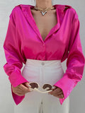 Satin Long Sleeve Blouses Women 2022 Vintage Blue Green Silk Shirt Women Casual Loose Button Up Female Shirts