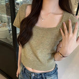 Version Of Knitted Short-Sleeved T-Shirt Women's New Summer Slim Thin Solid Color Full-Length Short-Style Blouse Ins-Outfit