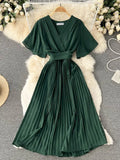 Women's Dress Temperament French Pleated Slim Long Vacation Style Chiffon Pleated Skirt Solid Color V-neck Women's