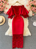 Sexy Hollow Out Lace Bodycon Long Dress Women Elegant Red/Pink/White Off Shoulder Patchwork Maxi Party Vestidos 2021 Autumn