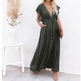 Beach Maxi Dress Women Deep V Neck Backless Ruffles Short Sleeve Dresses Casual Pleated Drawstring Party Long