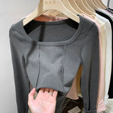 Spicy Fishbone Line Leads The German Velvet Bottomed Shirt And The Girl Wears A Slim And Short White Blouse In The Autumn And Winter Long-Sleeved T-Shirt-Outfit