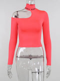 Letter Embroidery Top Ladies Turtleneck Sexy Hollow Out Off Shoulder Long Sleeve Ladies Slim Fall Basic Casual