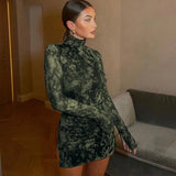 Autumn Dress Women's Half-High Collar Print Long-Sleeved Open-Sleeve Bag Hip