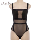Mesh See-Through Women Sexy Bodysuit Streetwear Patchwork Backless Strap Black Bodycon Female Body Romper New