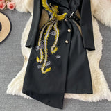 Fashion Designer Black Dresses Spring Autumn Women's Embroidery Elegant Asymmetrical Dresses Femme