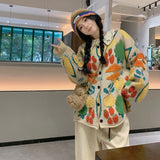 Women Sweaters Cardigan Print Floral Coats Full Sleeve Knitted Loose Jumpers Coat Top Regular Splice Single Breasted Outerwear-Outfit
