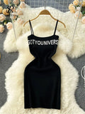 Women Korean Style Mini Dress Summer 2022 Letter Print Vacation Solid Backless Sexy Ladies Party Knit A Line