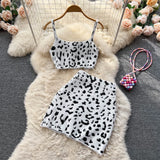 Leopard Print Women Two Piece Suits Summer Mini Camis Top+High Waist Short Skirt Suits 2022 Fashion Sexy Knitted