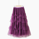 Autumn New Korean Sweet A-Line Cake Skirts Women High Waist Ruffles Mesh Skirt Vintage Kawaii Midi Faldas