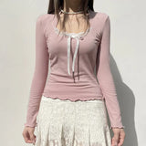 Sweet Girl Lace Bow Stitched Pink Long-Sleeved T-Shirt 2023 New Slim U-Collar Blouse-Outfit