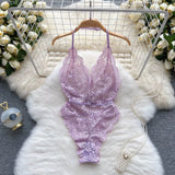 Female Sexy Lace Bodysuits Summer Sleeveless Halter Transparent Slim Rompers LadiesFrance Style Backless