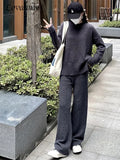 Fashion Knitted Two Piece Sets Solid Long Sleeve O-Neck Split Pullover And Straight Pants Suit Women Casual Loose