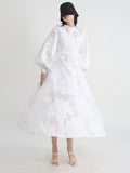 Elegant Solid Dresses For Women Stand Collar Long Sleeve Single Breasted High Waist Tunic Embroidery Dress Female